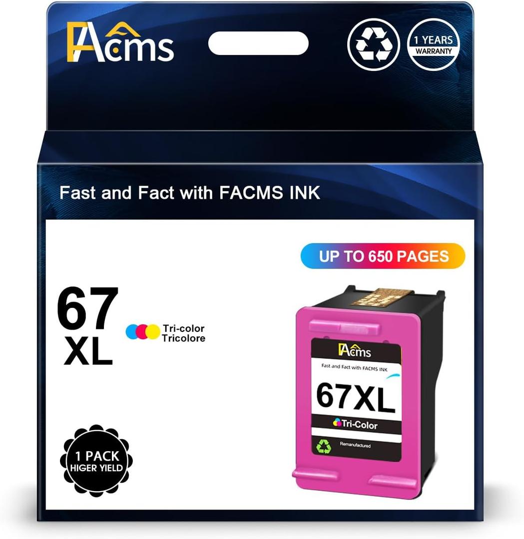 67XL Color High-yield Ink Cartridge Replacement for HP 67XL 67 XL 67XXL Color for DeskJet 2700 2700e 2755e 2755 4155e 4155 Envy Pro 6452 6458 6475; Envy 6055 6055e 6400 6455e Printers (1 Tri-Color)