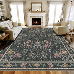 Floral Area Rug 8x10 Washable Vintage Non Slip Rug Large Soft Low Pile Stain Resistant Rugs for Living Room Bedroom Dining Room Laundry Indoor, Dark Grey