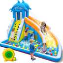 Culaluva Inflatable Water Slide: Blow up Bounce House Water Park for Kids 3-12 - Splash Pool Water Cannon Climbing Wall Basketball Rim - for Backyard Outdoor Birthday Party, Dolphin Style