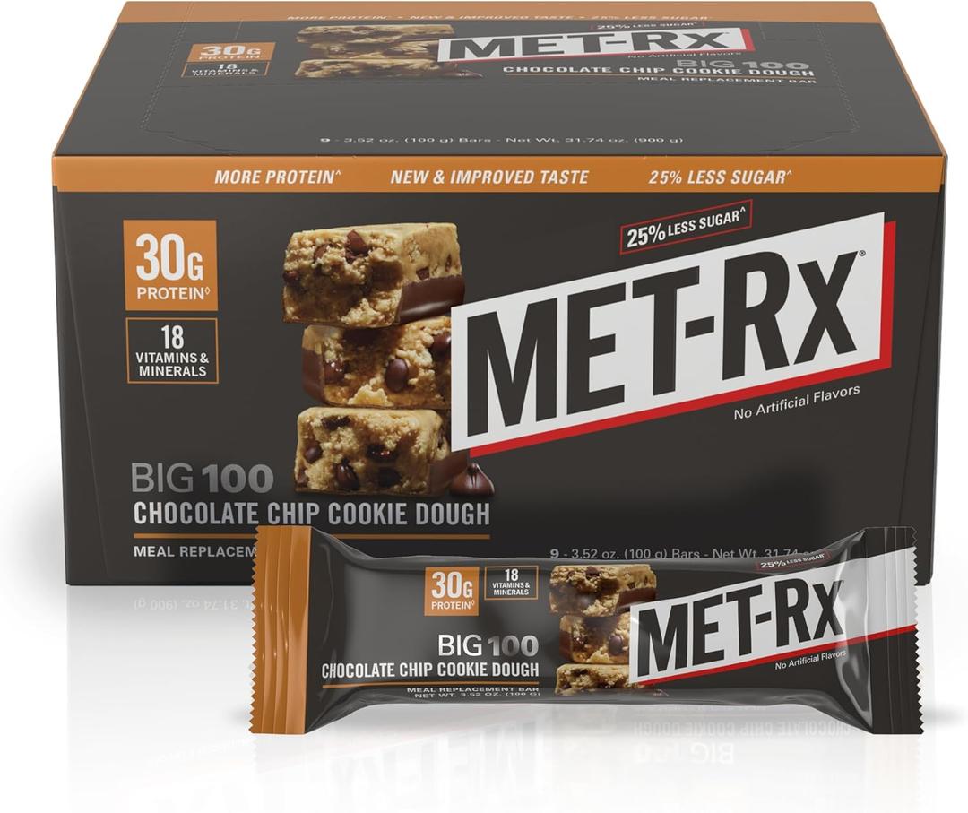 MET-Rx Big 100 Colossal Protein Bars, Chocolate Chip Cookie Dough Meal Replacement Bars, 9 Count (Pack of 1) (EXP 11/24/25)