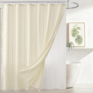 downluxe Linen Texture 3 in 1 Farmhouse Shower Curtain Set with Tassel, Boho Fabric Shower Curtains for Bathroom, Cream, 72W x 78L
