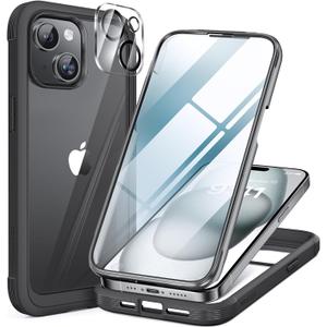 Miracase Glass Series Designed for iPhone 15 Plus Case 6.7',Full-Body Military Drop Proof 15 Plus Phone Case Cover with Built-in 9H Tempered Glass Screen Protector,Black