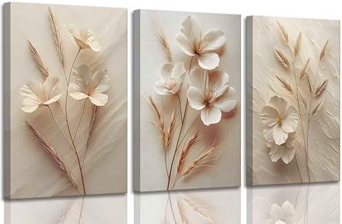 3Pcs Neutral Beige Floral Botanical Canvas Wall Art Modern Simple Texture Flower Plant Painting Picture Wall Decor Vintage Blossom Poster Print Artwork for Living Room Bedroom Bathroom