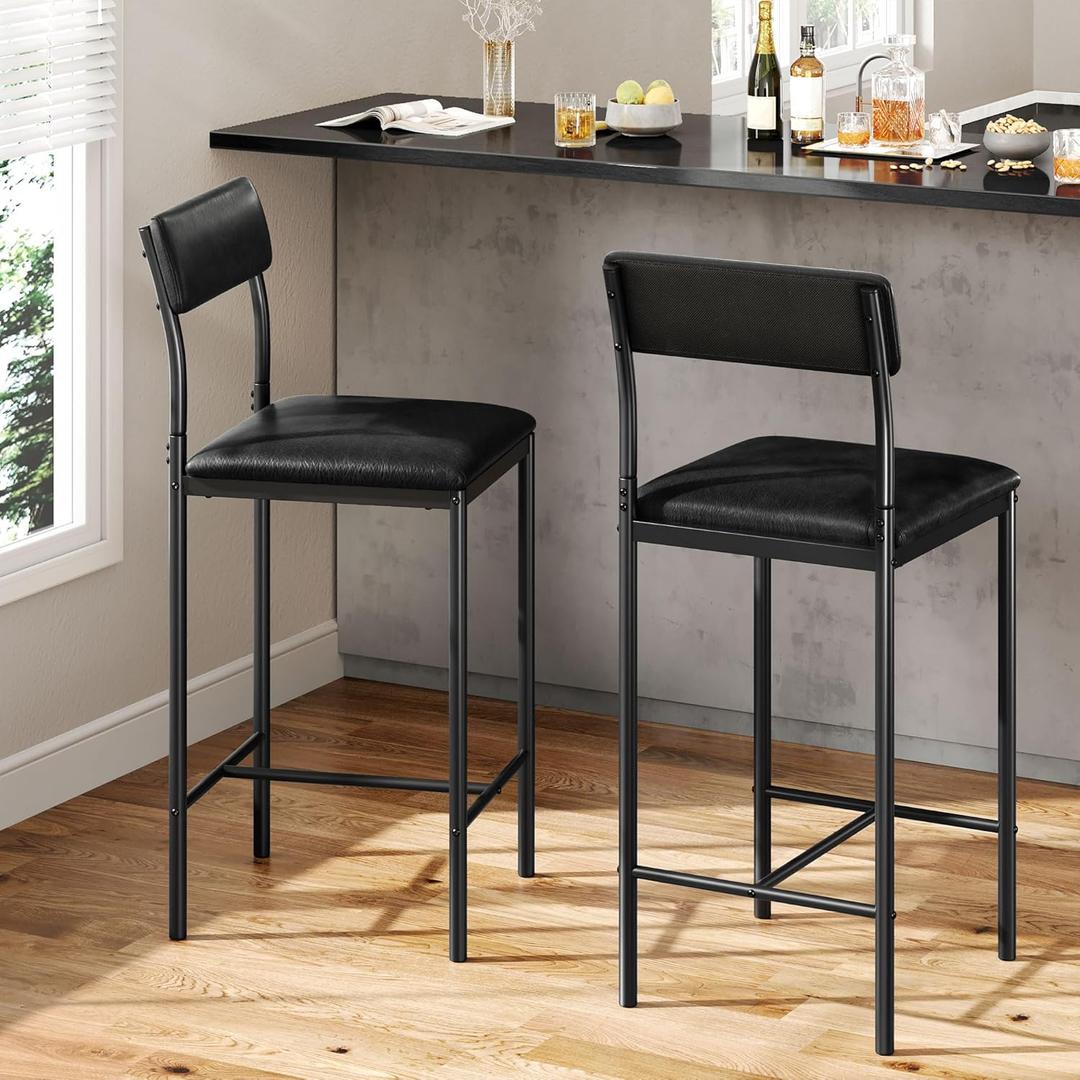 DWVO Bar Stools Set of 2 Bar Chair with Back Kitchen Island Stools with Footrest 26.18" Breakfast Bar Stools with Thick Cushion Upholstered Counter Height Barstools for Dining Room Kitchen Bar Black