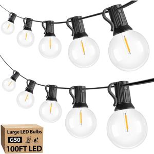 100ft Outdoor G50 LED Globe String Lights Dimmable Waterproof Shatterproof Light Strings with 52 Bulbs Connectable Commercial Hanging Lights for Christmas Patio House Backyard Balcony Party (Black)