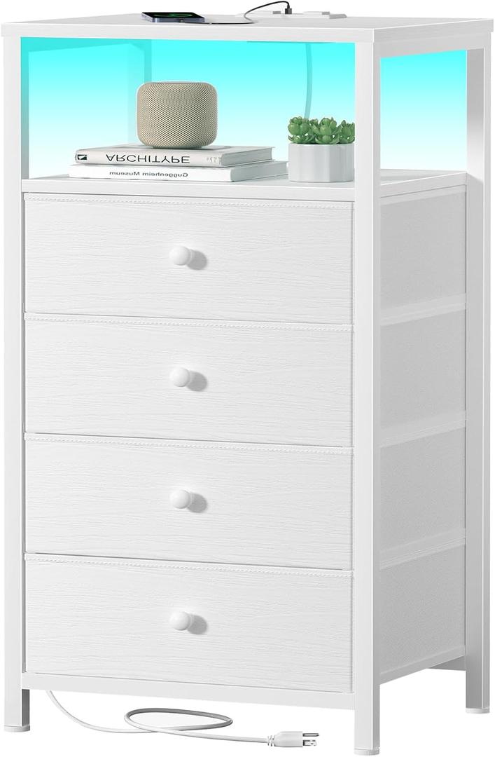 BOLUO Tall Night Stand with Drawers, White Nightstand with Charging Station and LED Light, Small White 4 Drawer Dresser for Bedroom, Room Storage Closet, 11.8"d X 15.7"w X 33.9"h