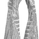 EVALESS Women Sequin Pants Sparkly Glitter High Waisted Wide Leg Flare Trousers Bell Bottom Night Out Clubwear (Medium, Silver)