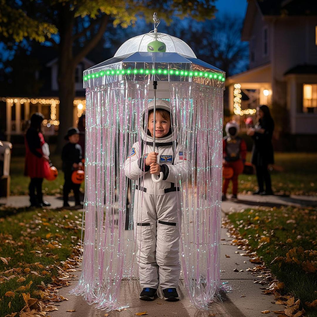 Realspring Halloween UFO Themed Alien Decoration Umbrella with Green Alien, Tinsel Streamers, LED Lights Flying Saucer Costume Cardboard UFO Spaceship Set for Halloween Decoration Outdoor