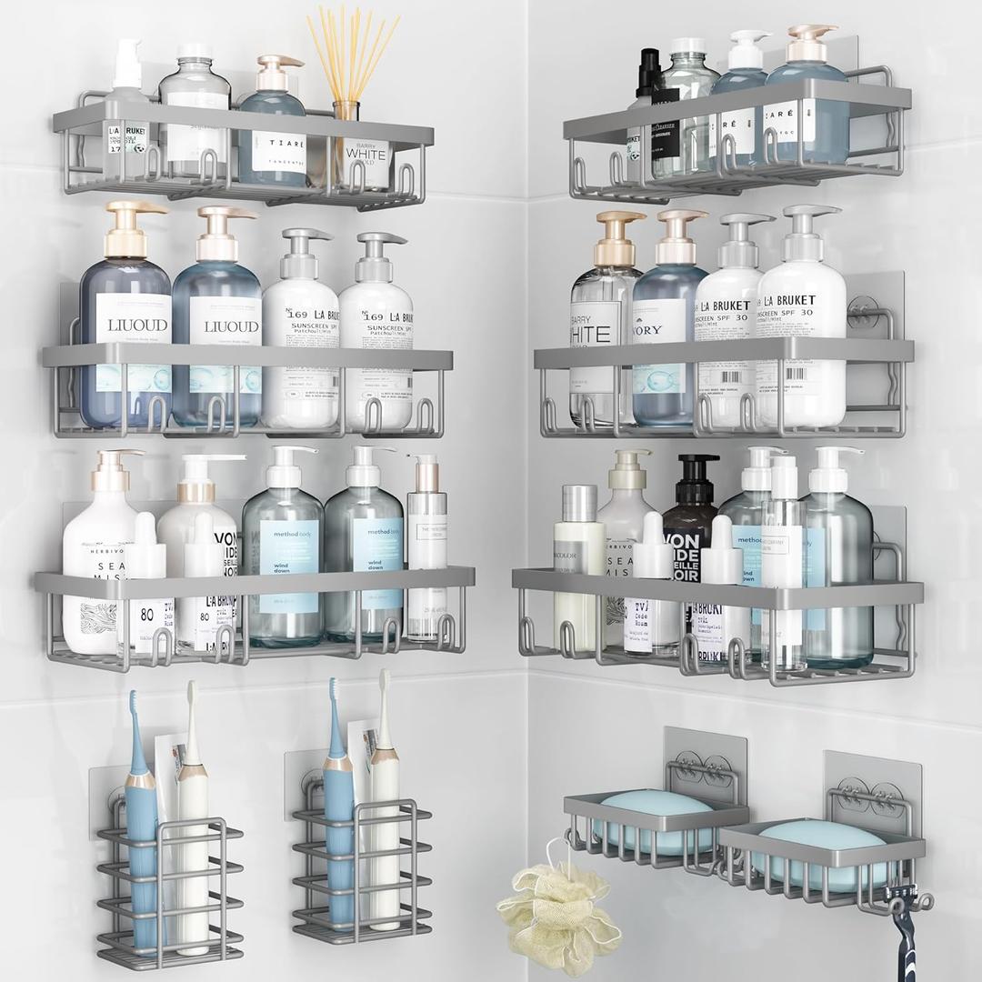 Liuoud 10 Pack Shower Caddy Organizer Rack Shelf for Inside Shower, Self Adhesive Wall Storage Basket Rustproof Stainless Steel Shampoo Holder Bathroom Accessory Decor Set, Grey