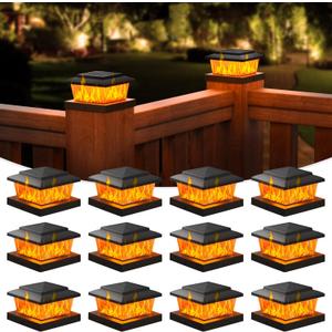 VOLISUN Solar Fence Post Cap Lights 12pack, Black Solar Deck Cap Flame Light Outdoor Waterproof, High Brightness Flickering Flame SMD LED Lighting, for 4x4 Wooden/4x4 5x5 Vinyl Post