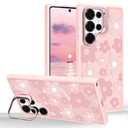 casesszoone for Samsung Galaxy S25 Ultra Flower Case with Kickstand, Compatible with MagSafe, Built-in Camera Ring Stand, Magnetic Translucent Matte Frosted Slim Cover for Girls Women, Pink Floral