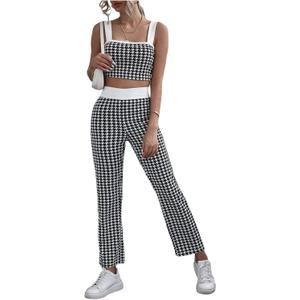 Milumia Women's 2 Piece Outfit Houndstooth Wide Strap Tank Top and Long Pants Set L