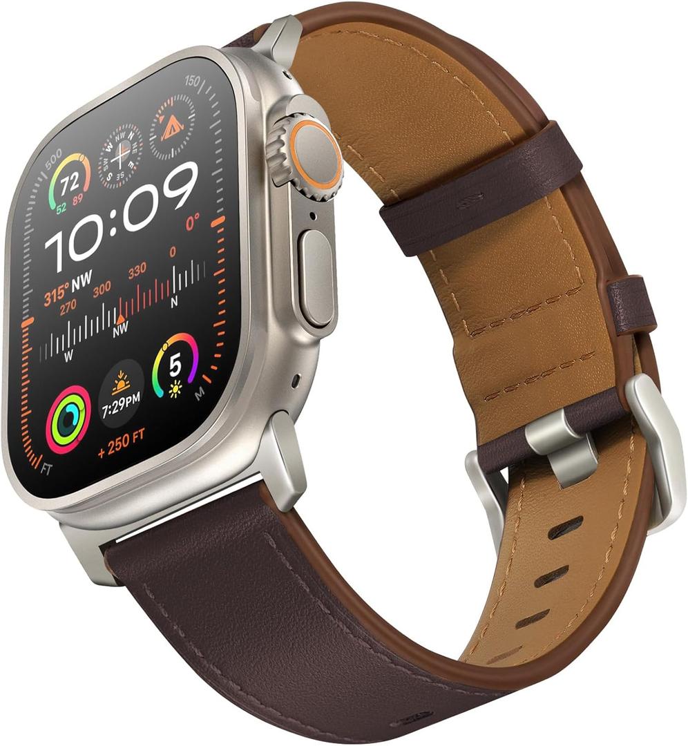 UUPWPOKT Leather Band Compatible with Apple Watch Ultra 3/2/1 Band 49mm 46mm 45mm 44mm 42mm Men, Genuine Leather Strap for iWatch Ultra Series 11 10 9 8 7 6 5 4 3 2 1 SE, Chocolate Brown/Titanium
