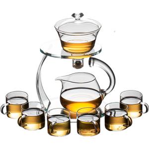 Glass Teapot Set Semi Automatic Drip Rotating with Infuser Chinese Heat-Resistant Lazy Kungfu Tea Set (Clear, Teapot Set)
