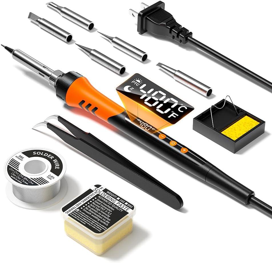 90W 110V LCD Soldering Iron, Soldering Iron Kit, 10-in-1 Soldering gun Tool, 5 Soldering Iron Tips, Solder Wire, Solder Paste, Adjustable Temperature Range 180-480C (Digital Display)