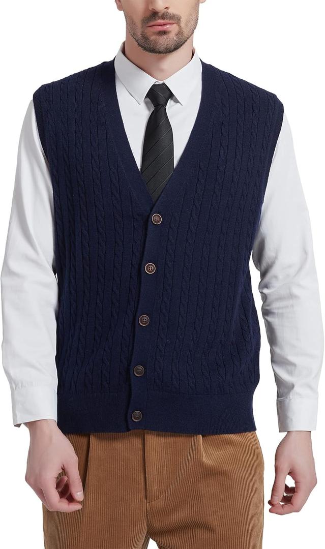 Kallspin Men's Cable Knit Sweater Vest Wool Blend V Neck Button Down Sleeveless Cardigan Vest (X-Large)