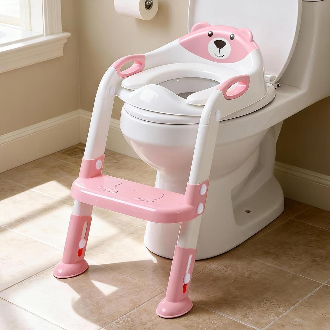 Potty Training Seat, SKYROKU Potty Training Toilet with Step Stool Ladder, for Kids Boys Girls Toddlers  Comfortable Safe Potty Seat with AntiSlip Pads Ladder (8838+Pink)