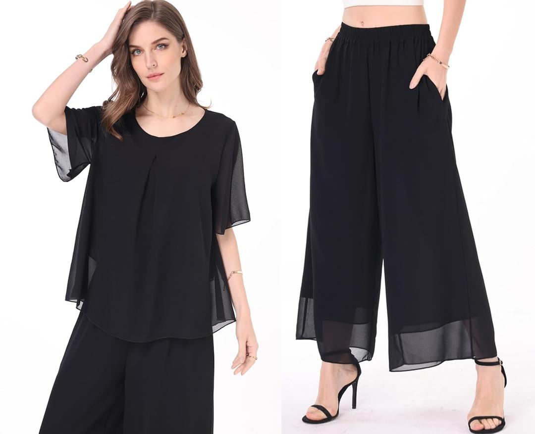 Women's 2 Piece Chiffon Sets Outfits Flowy Summer Casual Dressy Pantsuits Loose Double Layers Blouse Pants Sets Black, Size XL