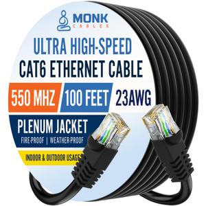 MONK CABLES | CAT6 Ethernet Cable | Plenum Rated | UTP, 23AWG, 550MHz | DSX-8000 Certified | Most Certified Cable of The Whole Market (Black, 100ft)