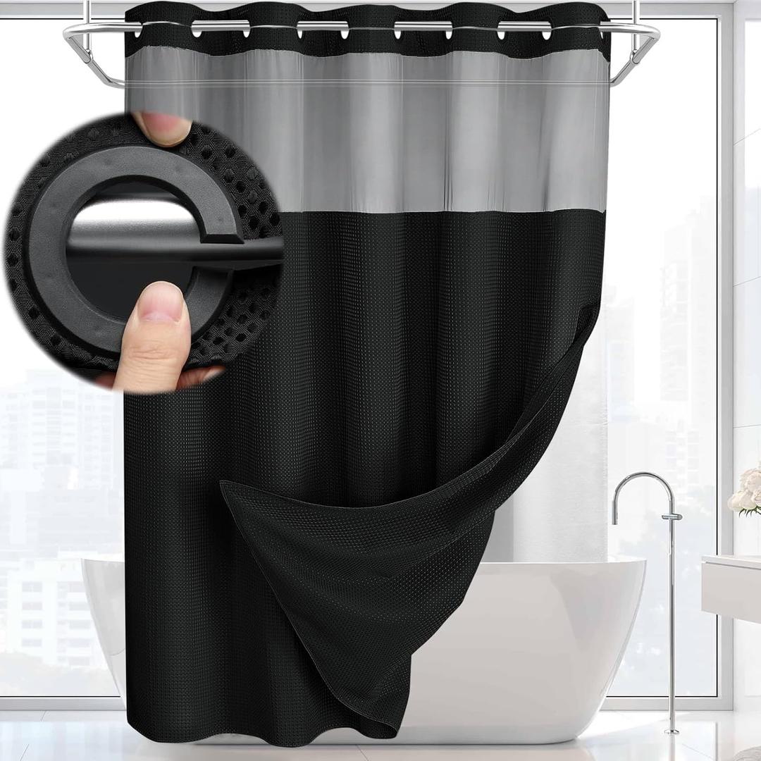 No Hook Shower Curtain and Liner Set,Black Hotel Waffle Shower Curtain with Liner 75" L x 48" W, Small Stall 48"W x 75"L