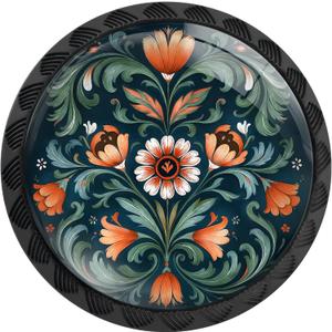 12 Pack Norwegian Rosemaling Folk Style Green Flower Cabinet Knobs Round Drawer Pulls Black Dresser Knob Cupboard Door Handles Hardware for Kitchen Bathroom Cabinets