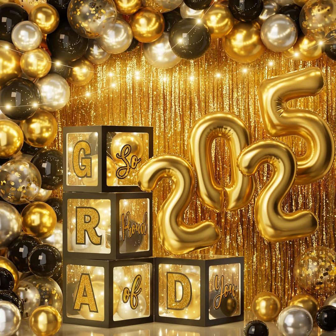 Ecomore Graduation Party Decorations Class of 2025-86 PCS Grad Party Supplies Includes LED Light Strings Balloon Block Boxes with Letters Foil Curtain Backdrop 2025 Balloon Garland Kit - Black Gold