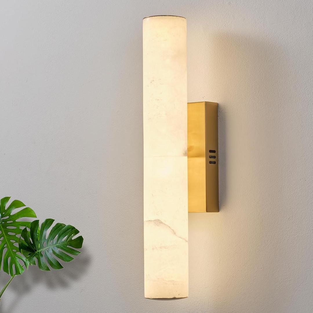20in Natural Alabaster Wall Sconces, LED Marble Gold Wall Sconce, 4.5"L x 4.7"W x 20"H