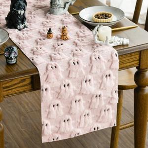 Artoid Mode Pink Ghost Soft Plush Faux Fur Jacquard Halloween Table Runner, Holiday Kitchen Dining Table Decoration for Home Party Decor 13x72 Inch