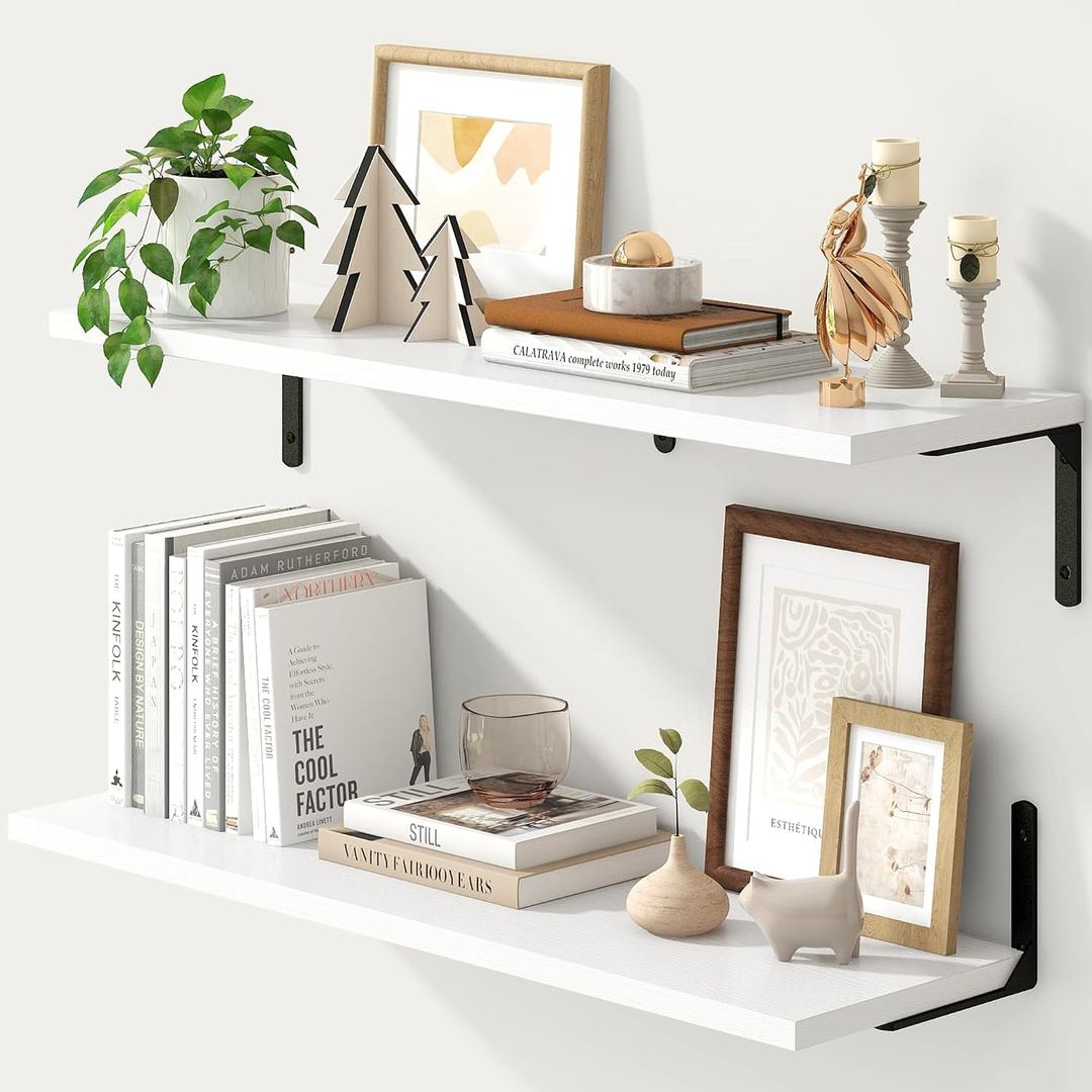 Fun Memories Deep Floating Shelves, 32W x 8D Floating Shelves Set of 2, Wall Mounted Shelf with Metal Brackets, Rustic Wood Wall Shelf for Bathroom, Kitchen and Living Room, White, 31.5"w x 8"d