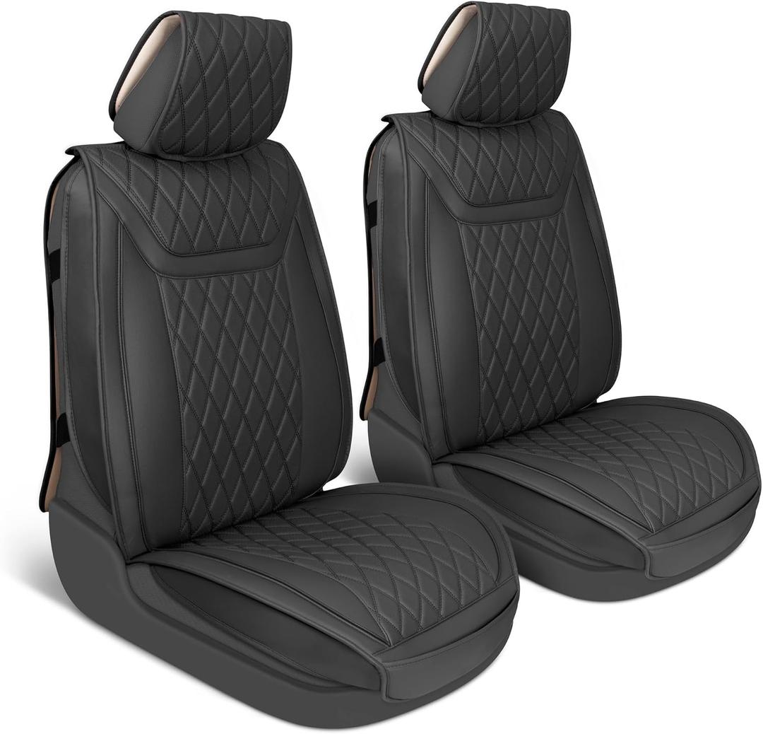 MotorBox Car Seat Covers - Ranch Leatherette Faux Leather Black Seat Covers for Car - Diamond Stitched Cushioned Seat Protectors for Automotive Accessories, Trucks, SUV, Car - Two Front Covers