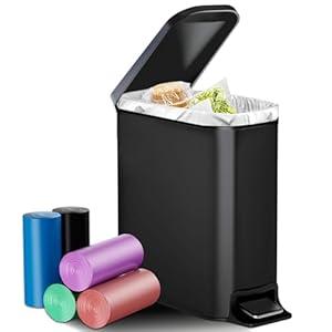 CXGFVRE 1.6 Gallon/ 6L Small Bathroom Trash Can with Lid Soft Close and 50 Garbage Bags, Foot-Operated Kitchen Garbage Can with Removable Inner Bucket, for Bedrooms, Offices, and Kitchens (Matt Black)
