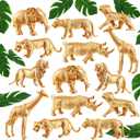 Soaoo 26 Pieces Gold Animals Figures Set 14 Pcs Plastic Safari Figures 12 Pcs Faux Tropical Palm Leaves Birthday Cake Topper(Safari Animal)