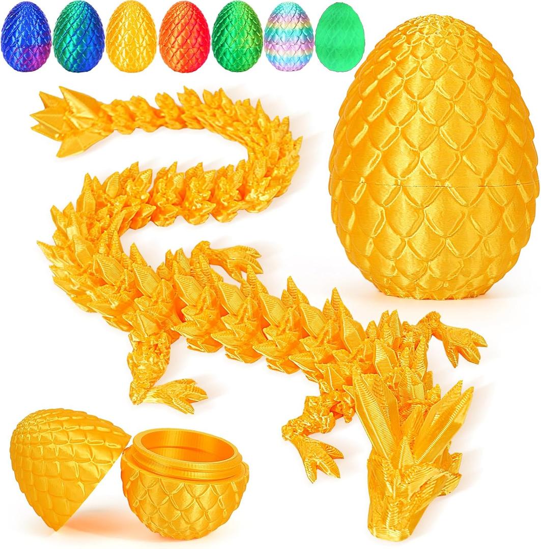 TBOLINE 12" 3D Printed Dragon Egg, Cool 3D Printer Articulated Crystal Dragon Toys for Kids, Surprise Animals Figurines Fidget Dinosaur Eggs Toys for Boys Kids Teen 5-7 4-6 8-12 (Gold)