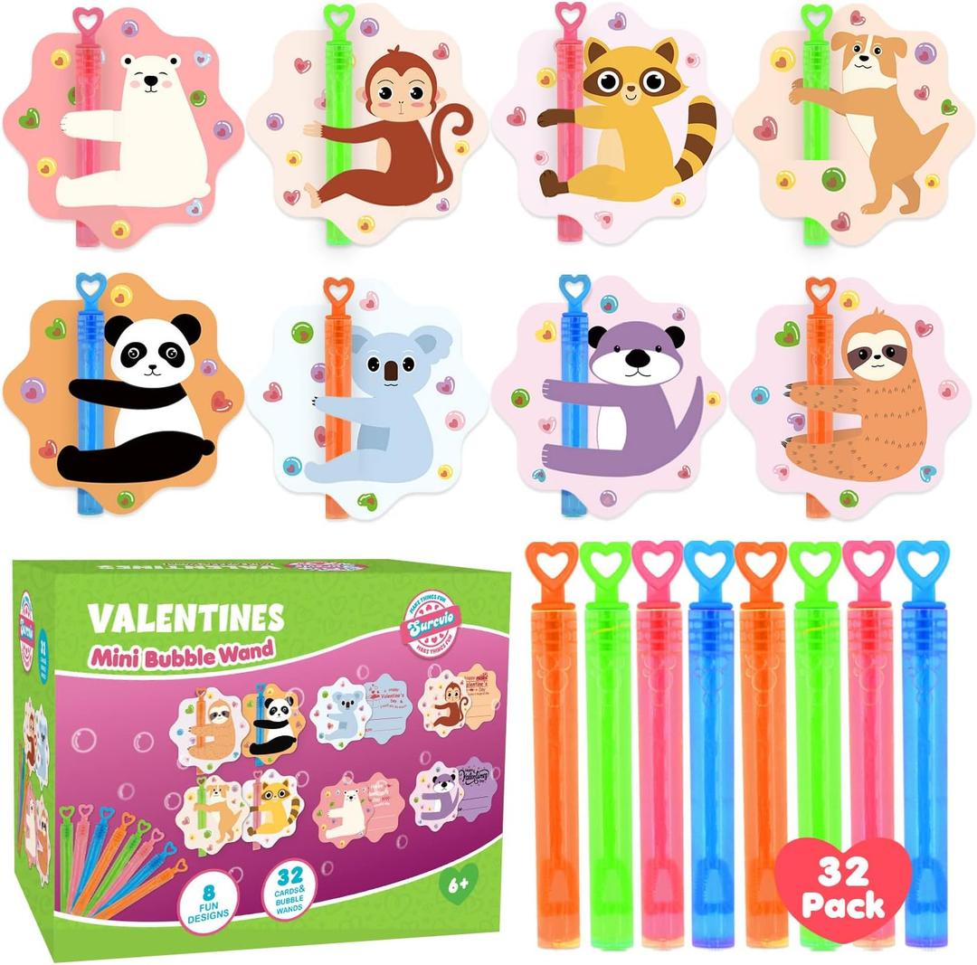 Valentines Day Gifts for Kids, 32 Pack Mini Bubble Wands with Valentines Animal Themes Greeting Cards for Kids, Valentine's Day School Prize Party Favor, Classroom Exchange Gift Set