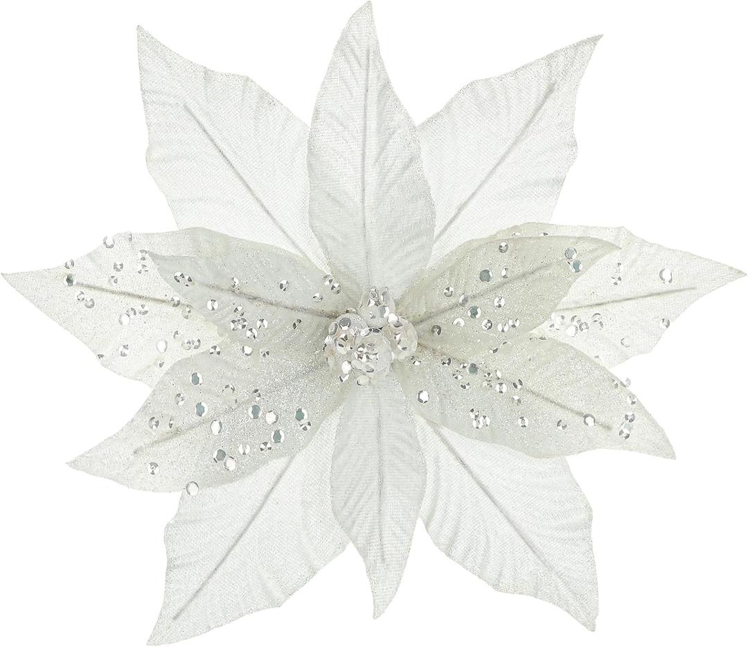 Briful 11'' Large Heads Christmas Glitter Poinsettia Flowers Christmas Ornaments Set of 4 Artificial Flowers with Long Picks Stems for Xmas Tree Party DIY Holiday Decorations, White