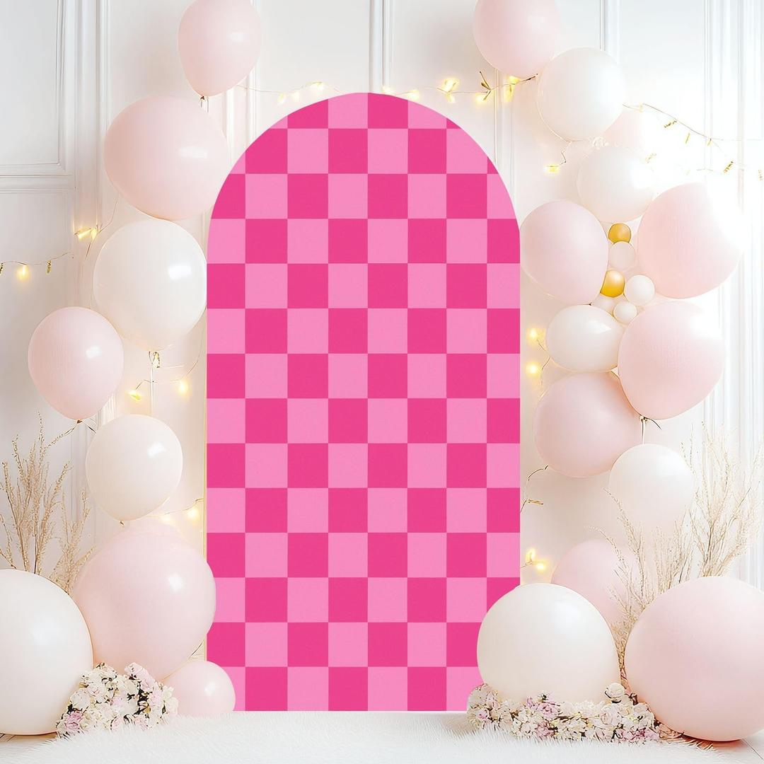 Wedding Arch Backdrop Cover 7.2FT Pink Checkered Board repeatable hot Pink Checkerboard Pattern veclor Spandex Fitted Arch Cover Round Top Stands Cover for Birthday Party Ceremony Banquet Decoration (Color5)