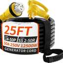 PlugSaf 50 Amp Generator Cord, 25FT 50 Amp RV Extension Cord with Twist Lock, Generator Cable 50A 4 Prong Yellow, NEMA 14-50P/SS2-50R Heavy Duty STW Wire for RV Camper & House