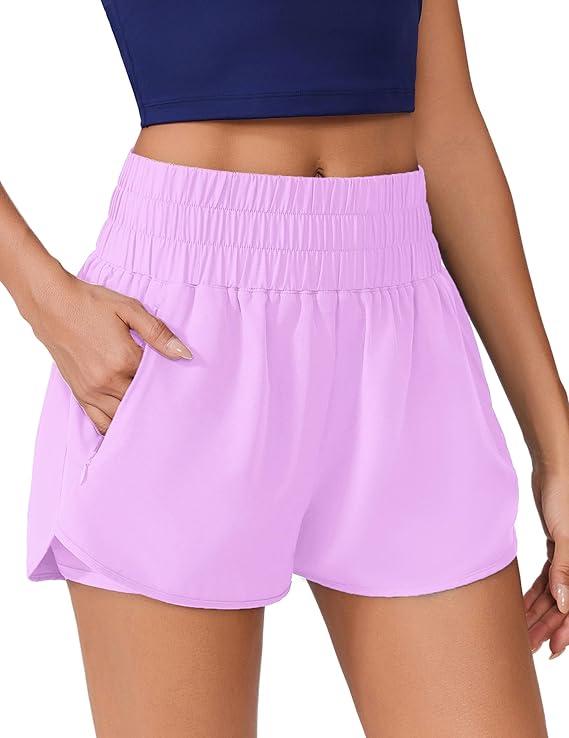 PINSPARK Running Shorts for Women Quick Dry High Waisted Athletic Short 2 in 1 Workout Gym Shorts with Zipper Pockets (Medium, Pink)