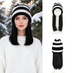 S-noilite Beanie Wig Hair Extensions,Natural Black Long Wavy Hair Extensions with Knitted Hat Wigs for Women 11 Inch