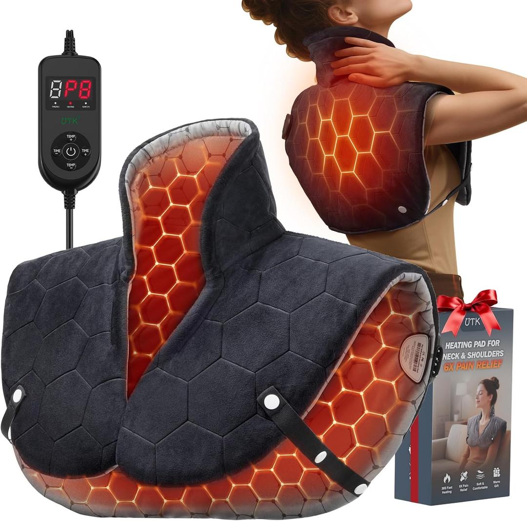 Far Infrared Heating Pad for Neck and Shoulders and Back - 6X Deeper Pain Relief, Graphene 30s Fast Heat, 8 Heat Setting, 16 Timer, Automatic Memory, Weighted Heating Pads Gift for Women&Men (Black)