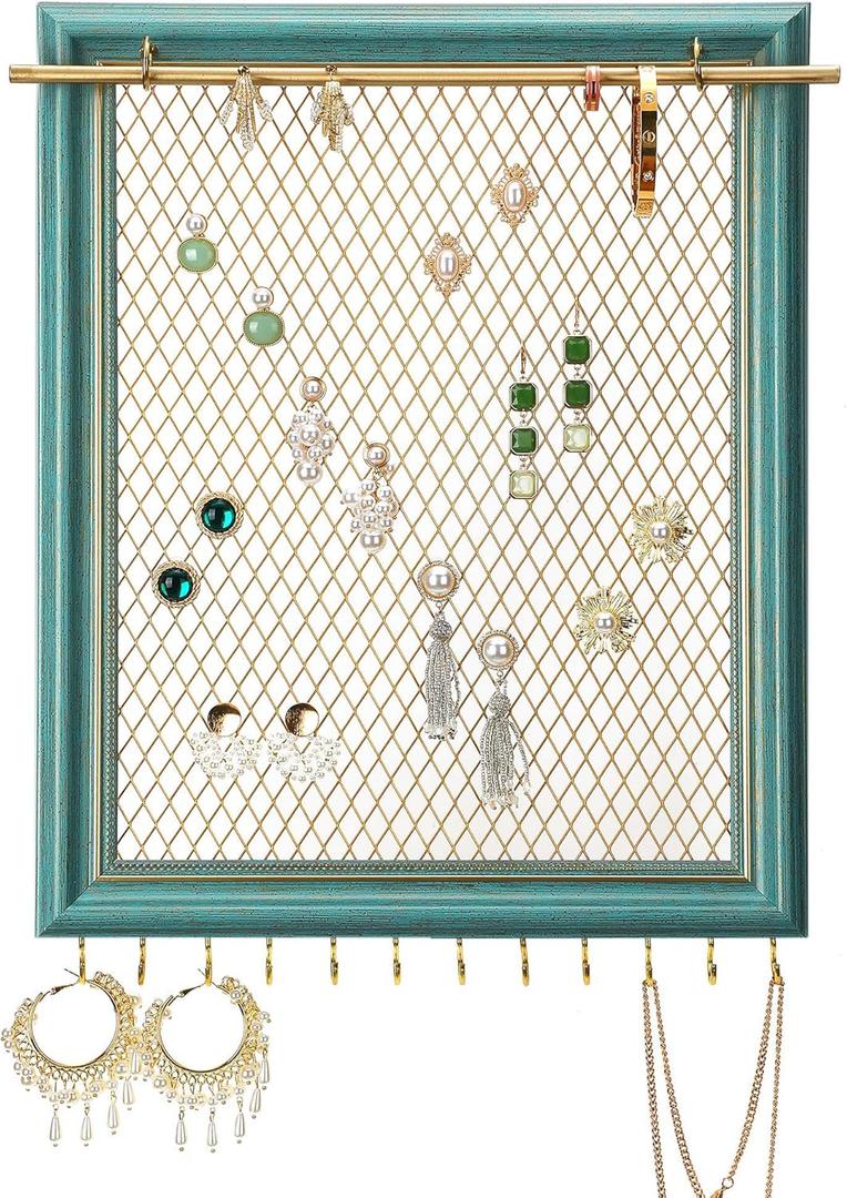 Heesch Hanging Earring Organizer Frame Wall Mounted Jewelry Holder Vintage Rustic Stud Earring Display with Removable Rod and 12 Hooks for Necklaces, Bracelets and Rings (Teal)