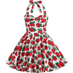 Vintage 1950s Dress Pattern Flower Girl Retro 1950s Dresses Kids A line Swing Gown Girls Halter Dress Casual Sundress for Casual Summer Party Dresses School Dance Red Strawberry, 7-8 Years