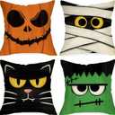 Ussap Halloween Jack O Lantern Decorative Throw Pillow Covers 18 x 18 Set of 4, Spooky Face Mummy Black Cat Fran.kens-tein Cushion Case Decor, Holiday Home Decoration for Sofa Couch