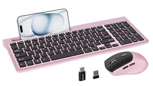 Wireless Keyboard and Mouse, Ergonomic Keyboard Mouse with Phone Holder, 2.4GHz Cordless Keyboard Mouse for Mac, Windows, PC, Laptop （Pink）