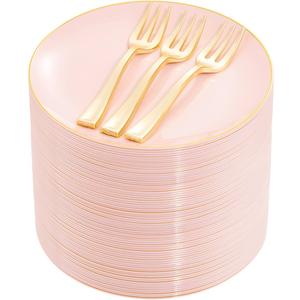 Festiva 100Pcs Pink Gold Cake Plates 6.3" with Forks 5"- Disposable Salad Plates-Pink Dessert Plates-Appetizer Plastic Plates - include 100Plates 100Forks for Party&Wedding&Easter&Valentine's Day