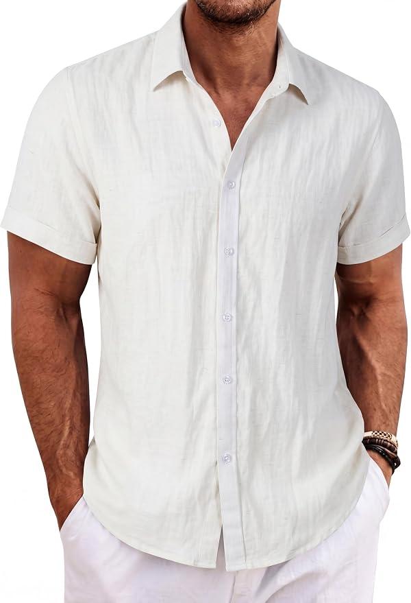 Beninos Men's Short Sleeve Linen Shirt Lightweight Casual Solid Color Summer Button Down Shirt (YM2089 Beige, L)