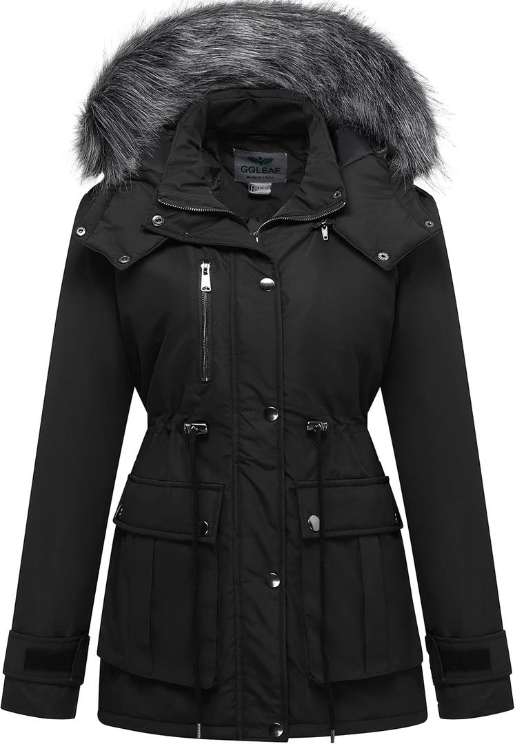 GGleaf Women's Quilted Winter Coat Warm Puffer Jacket Thicken Parka with Removable Hood (Large, Black)