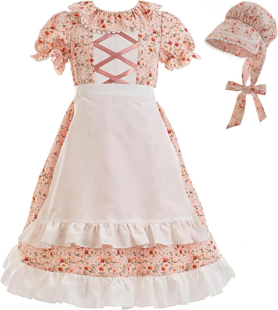 CR ROLECOS Prairie Pioneer Dresses for Girls Colonial Pilgrim Costumes Dress (X-Large, Pink Flower)