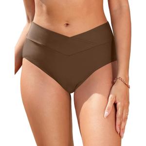 Women V Cut Full Coverage Bikini Bottom - High Waist Swim Bathing Suit Bottoms Cross V Front Swimsuit (Large, Brown)