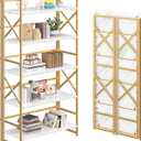 4NM 5 Tiers No Assembly Book Shelves, 51.2" H Folding Bookshelf Bookcase Open Industrial Foldable Shelves for Bedroom, Living Room, Home Office - White Gold